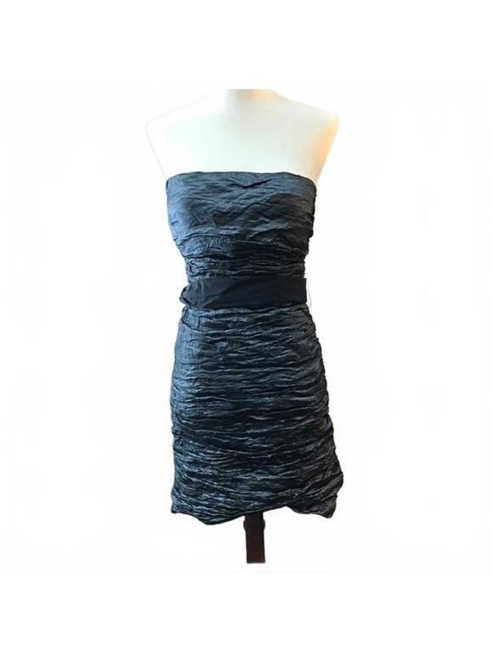 BCBG MAXAZRIA Strapless Metallic Pewter Cocktail Dress with Black Sash- Size S